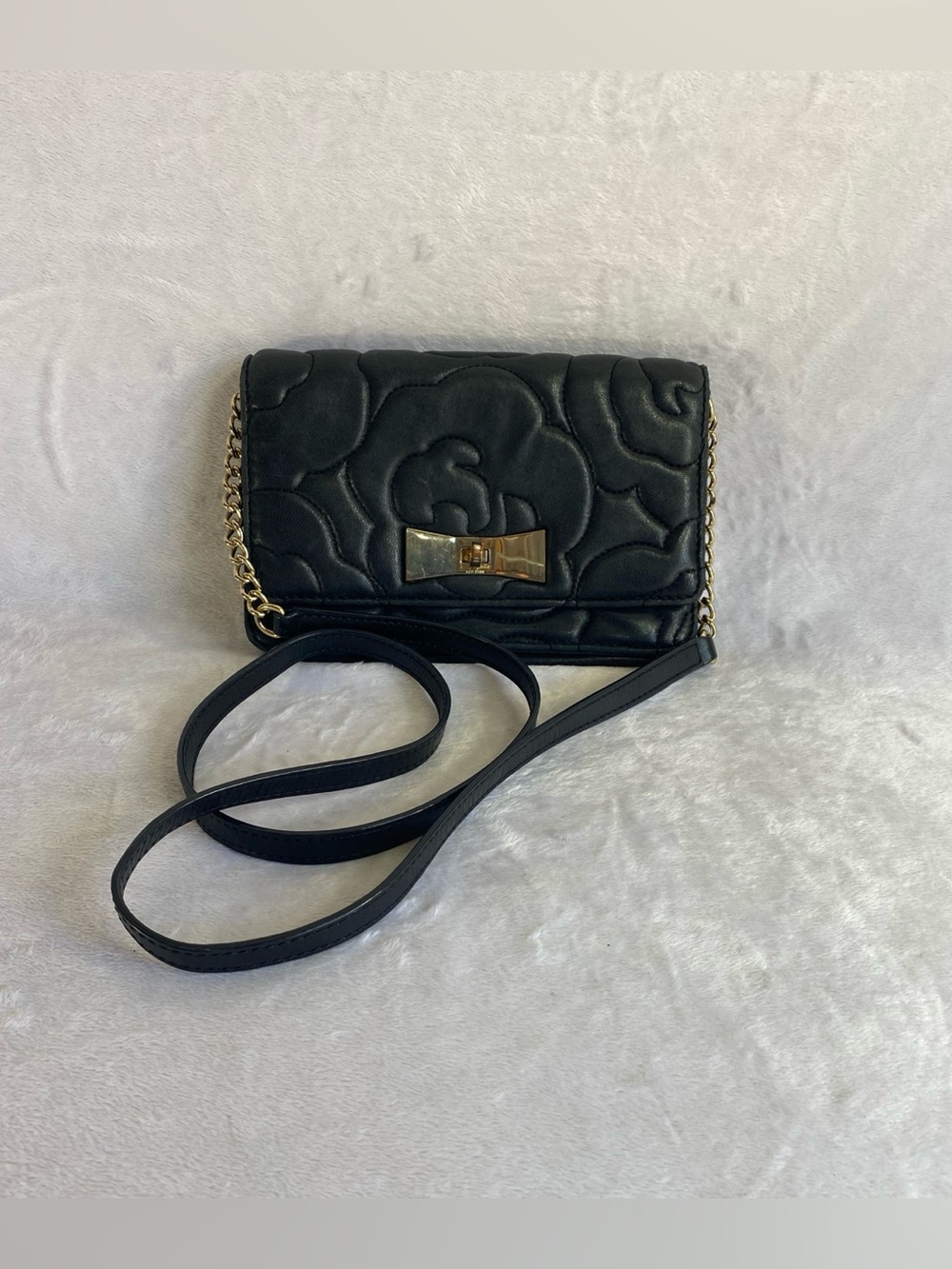 KATE SPADE Sedgewick Lane Rose Avalon LEATHER Crossbody WARM PUTTY Clutch Black